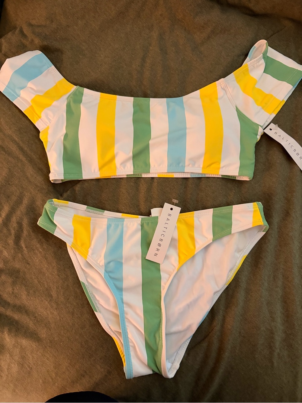 BALTICBORN Striped Off-Shoulder Bikini - Yellow, Green, Blue, White NWTA